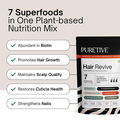 Puretive Hair Revive | Plant Based Biotin Powder | Promotes Healthy Hair and Fights Hair Fall | Promotes Hair Growth - 100% PURE, Non-GMO, Vegan | Superfood for Everday use | Just Mix & Sip | 100gms