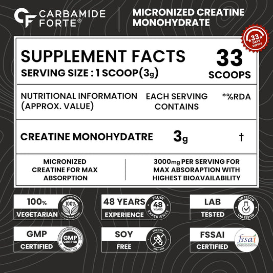 Carbamide Forte Creatine Mono Hydrate Powder | Micronized Monohydrate 100gm | Creatine Supplement for Lean Muscle Volumization, Strength & Energy - Unflavoured Powder - 33 Servings - 100g