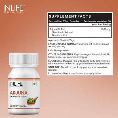 INLIFE Arjuna Capsules 500mg | Herbal Extract | Ayurvedic Supplement - 60 Vegetarian Capsules
