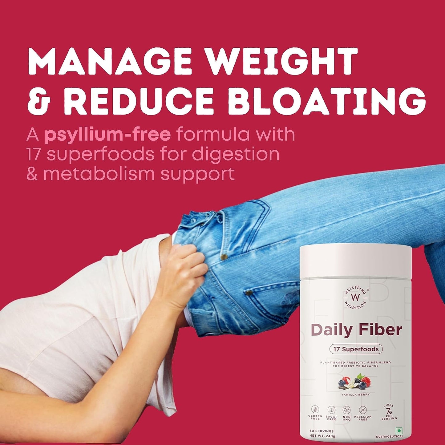 Wellbeing Nutrition Daily Fiber Powder | Weight Management, Manages Sugar Control, Bloating, Constipation & Acidity Relief | Organic Prebiotic Digestive Fiber Supplement | 30 Servings