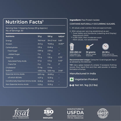 Nutrabay Pure Pea Protein Isolate - 25.3g Protein, 5g BCAA, Designed for Meal Supplementation, Easy to Digest Plant Protein for Muscle Growth & Recovery - 1 Kg Unflavoured, 30 Servings