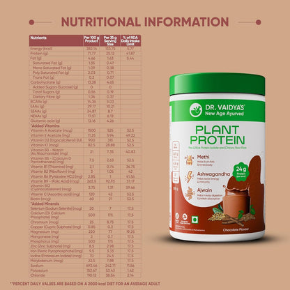 Dr. Vaidyaâ€™s Plant Protein Powder | Ayurvedic Pea Protein with Ashwagandha, Methi & Ajwain | 25g Protein per Serving | Muscle Gain, Energy & Weight Loss | 500g Chocolate Flavour
