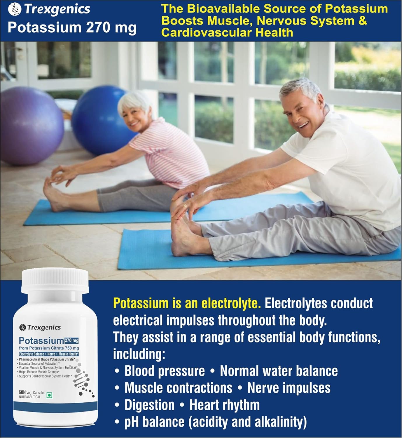 Trexgenics POTASSIUM CITRATE 750 mg Pharmaceutical Grade Electrolyte Balance, Nerve & Muscle Health VEGAN & NON-GMO (60 Vcaps) (Pack of 1)