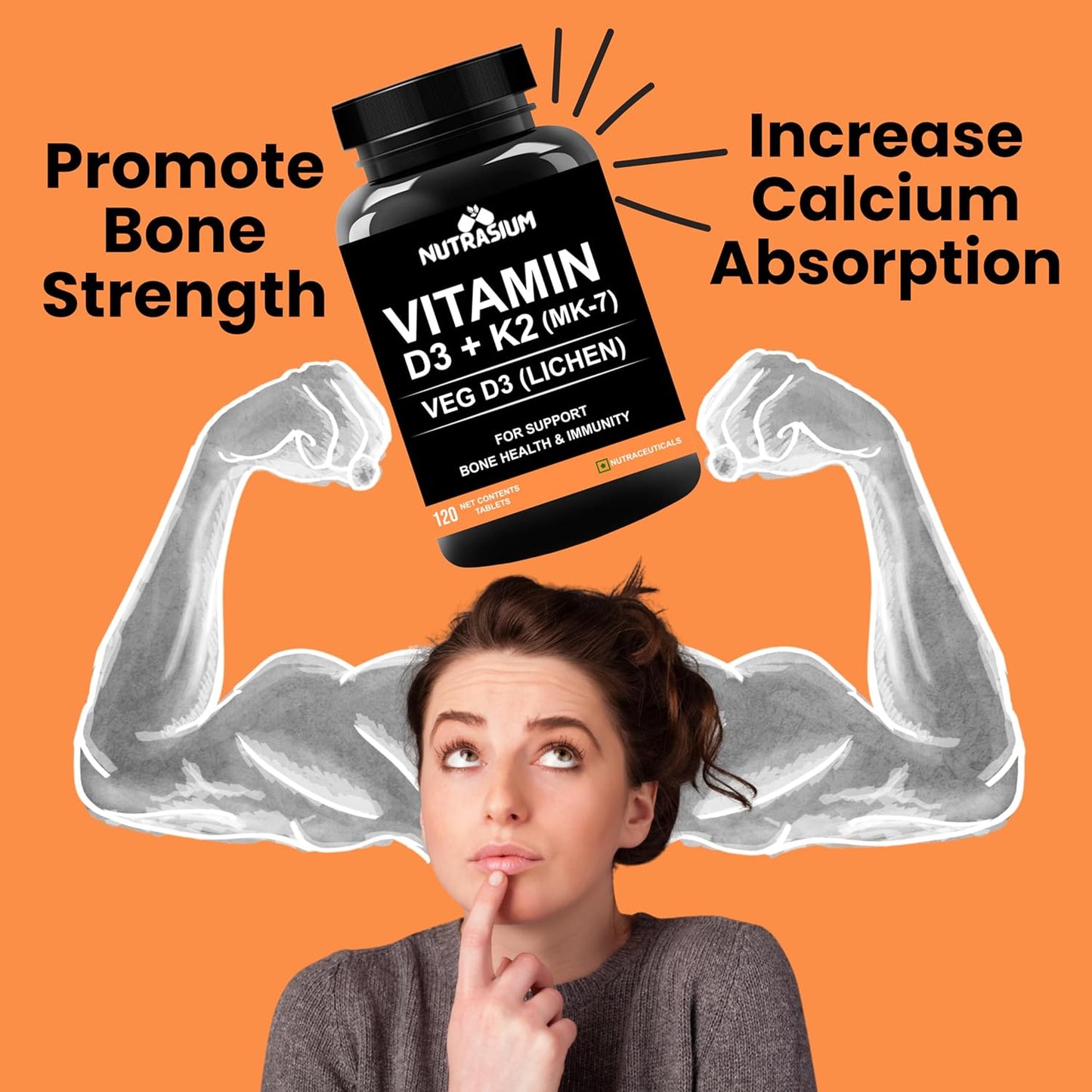 Nutrasium Vitamin D3 K2 Supplement | With Added B12 and DHA | Vitamin K2 MK7 To Support Strong Bone, Heart Health & Immunity | Veg D3 - Lichen - 120 Tablets
