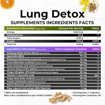 HEALTH VEDA ORGANICS PRIVATE LIMITED Lung Detox With Vitamin C & Grape Seed Extract | 60 Veg Capsules | Supports Healthy Breathing | For Detoxification Of Lungs & Immunity | For Both Men & Women