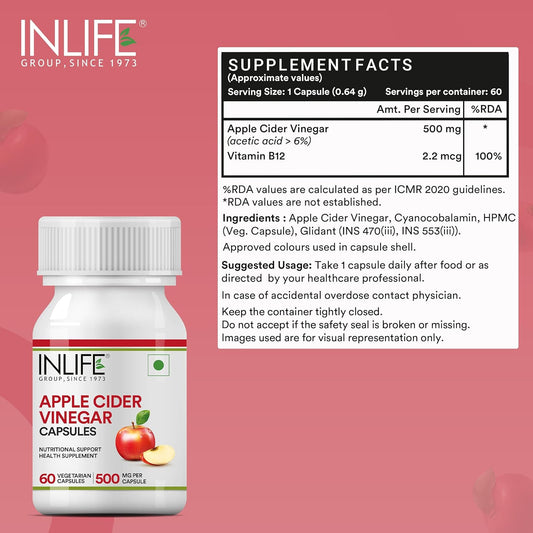 INLIFE Apple Cider Vinegar Supplement | Weight Management, Metabolism, Healthy Digestion | Plant Based Nutrition, 500mg - 60 Vegetarian Capsules (Pack of 1, 60)