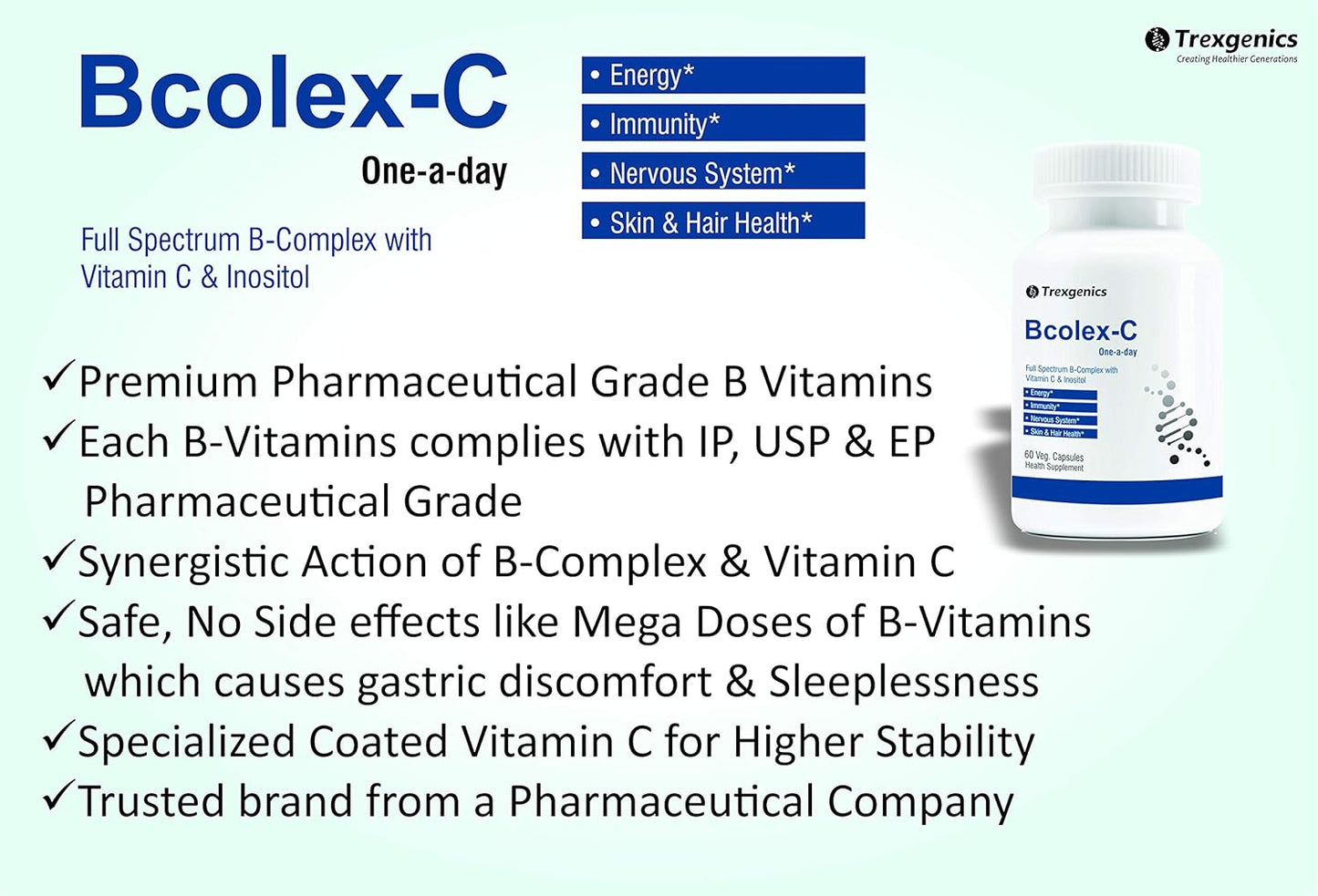 Trexgenics Bcolex-C One-A-Day Complete B-Complex With B12-Vit.C-Inositol 100Mg, Energy, Immunity & Nervous System (60 Veg. Caps)