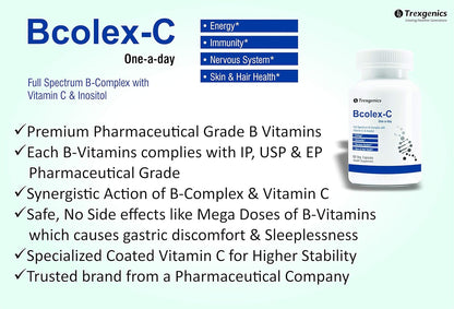 Trexgenics Bcolex-C One-A-Day Complete B-Complex With B12-Vit.C-Inositol 100Mg, Energy, Immunity & Nervous System (60 Veg. Caps)
