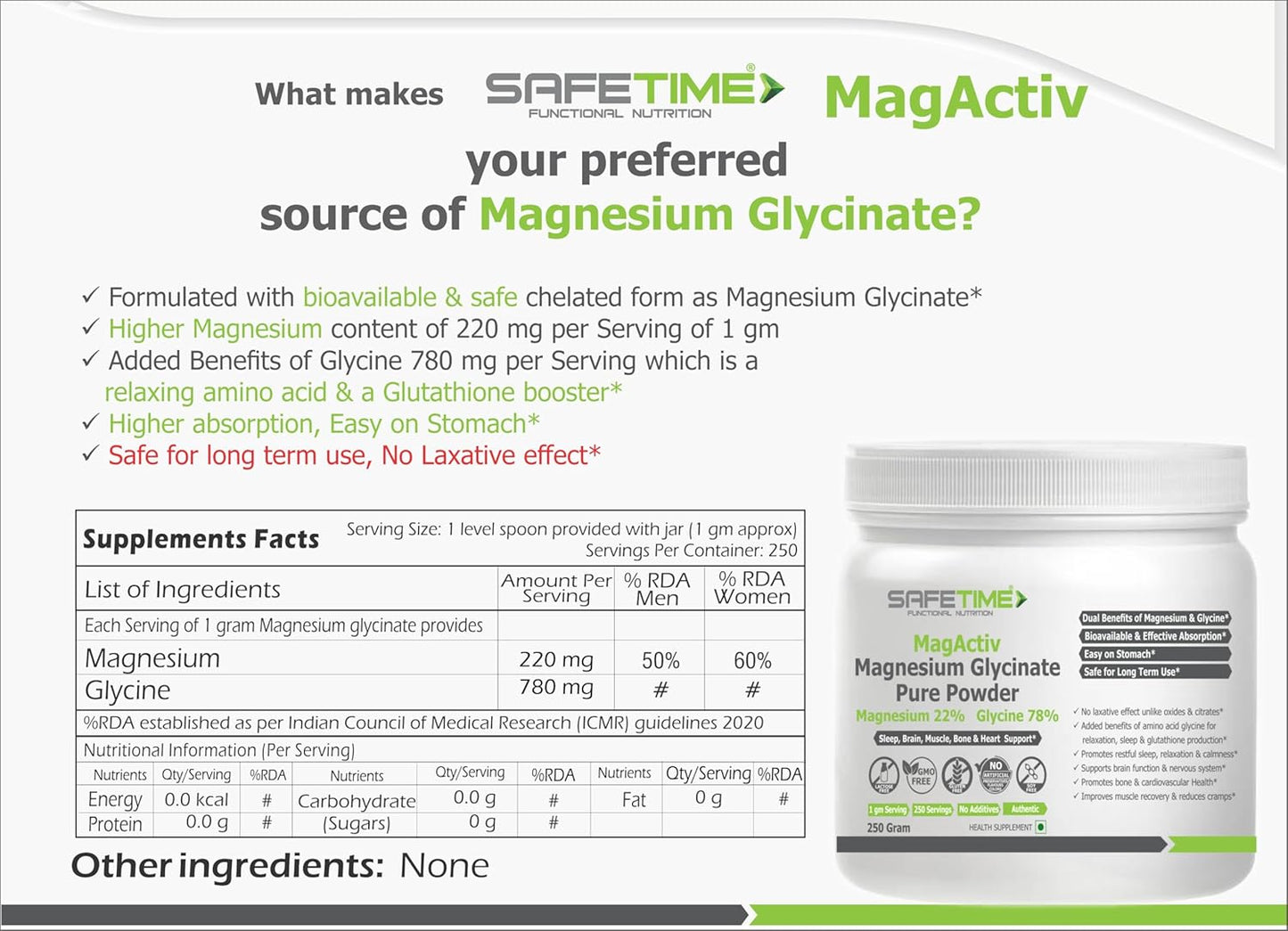 MagActiv MAGNESIUM GLYCINATE PURE POWDER 250 GRAM, 22% Magnesium 78% Glycine, Heart, Sleep, Bone,Metabolism, Migraine, Relaxation, Stress Support (250 gram) (Pack of 1)