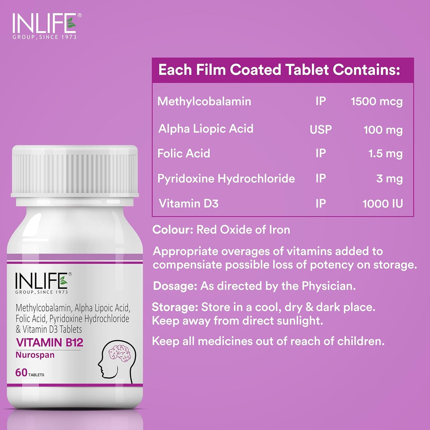 INLIFE Vitamin B12 (Methylcobalamin) 1500mcg Supplement with ALA, Folic Acid, Vitamin D3 | Nerve and Brain Health for Men & Women â€“ 60 Tablets(Pack Of 1, 60)