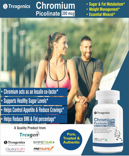 Trexgenics CHROMIUM PICOLINATE 200 mcg, elemental Chromium 48 mcg, powerful antioxidant (120 Veg Capsules))