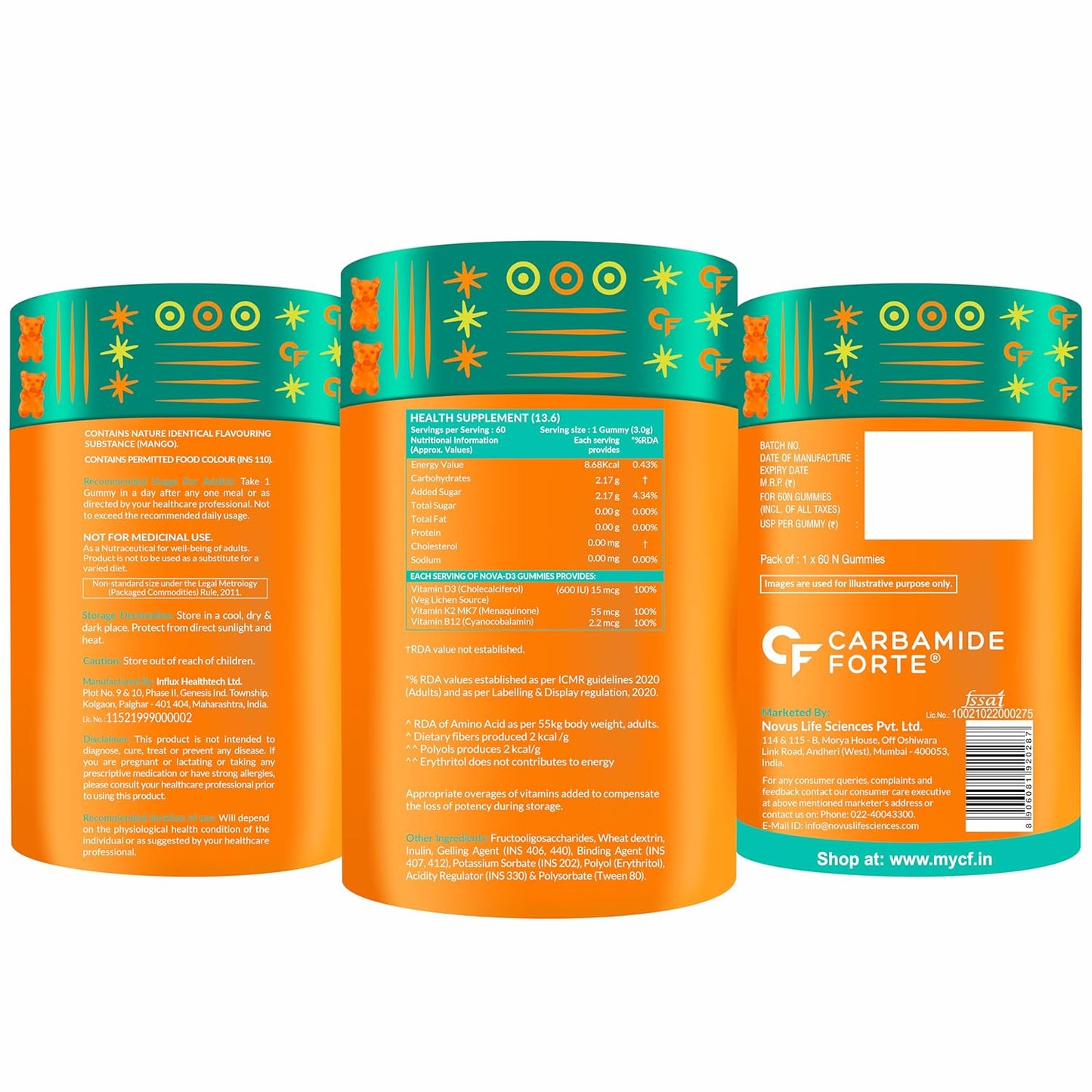 Carbamide Forte Vitamin D3 K2 B12 Gummies | Vitamin B12 Supplements | B12 Supplements For Bone Health & Immunity | Veg Lichen Source D3 Supplement | Mango Flavoured - 60 Gummies