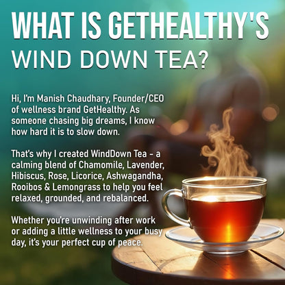 GetHealthy® WindDown Tea™ for Sleep | Caffeine Free Bedtime Herbal Blend with Chamomile, Ashwagandha & Lavender | Relaxing Sleep Tea for Nighttime Calm | Premium Chamomile Tea Bags | 25 Pyramid Bags