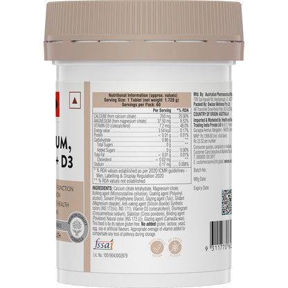 Swisse Magnesium, Calcium+D3 Supports Muscle Function, Energy & Bone Health (Manufactured In Australia) - 60 Tablets (1 Tablet Per Serving)