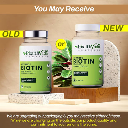 Health Veda Organics Advanced Biotin Tablets | Boosts Keratin Production & Improves Hair Thickness with Natural Sesbania Agati Leaf Extract | Hair Vitamins (Biotin, Vitamin E & Copper) for Healthy Hair, Skin & Nails | For Both Men & Women (60 Tablets)
