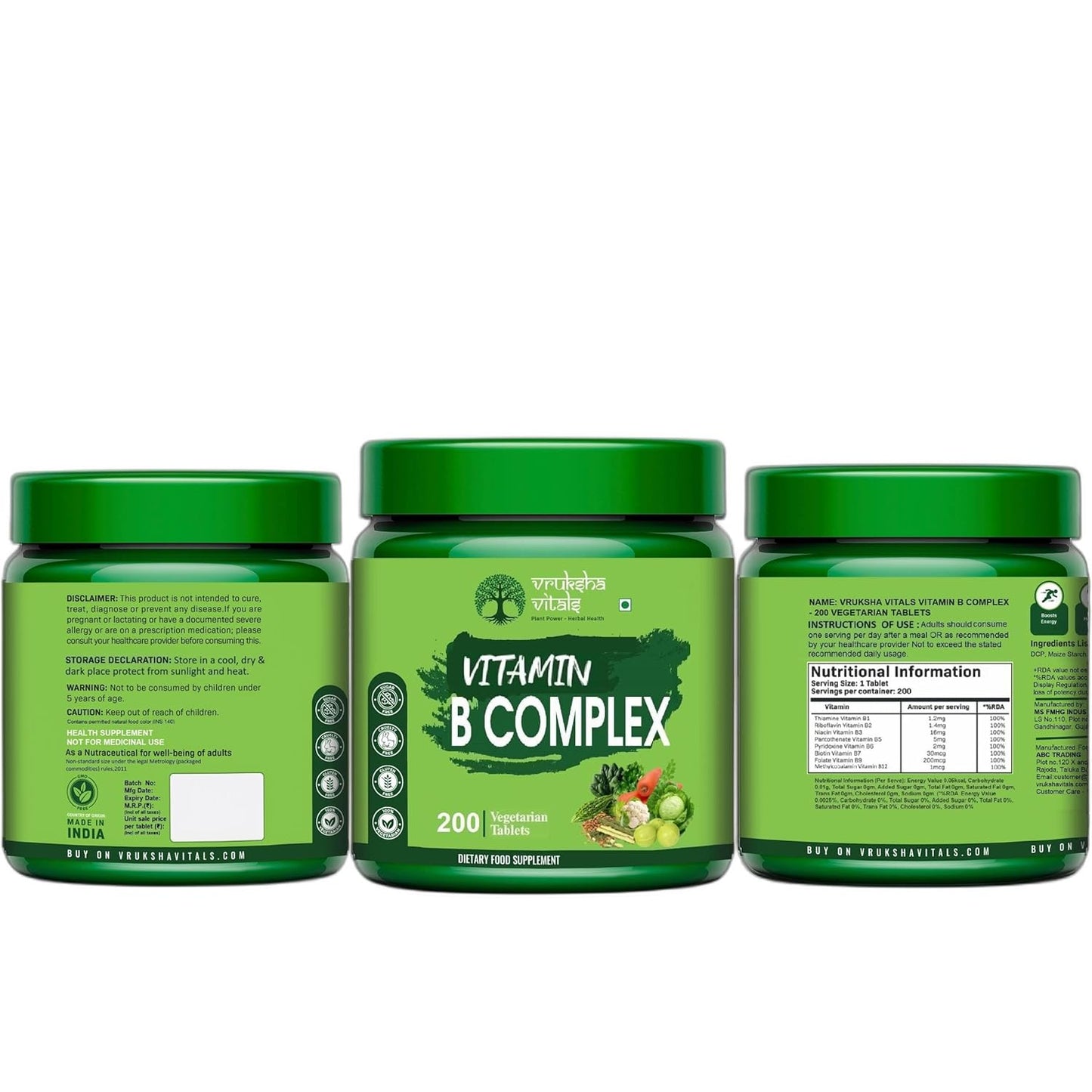 Vruksha Vitals Vitamin B Complex 100% RDA - 200 Tablets/Capsules - B Vitamins Supplement (B1, B2, B3, B5, B6, B7, B9, B12) (With Mecobalamine)