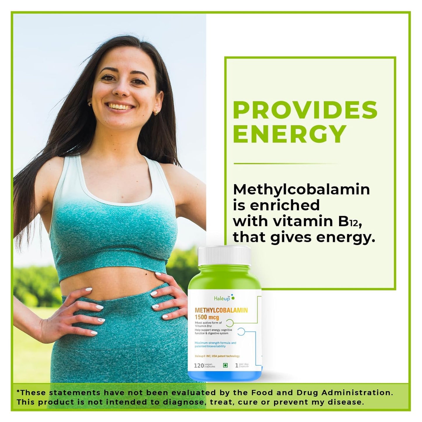Haleup Vitamin B12 supplement capsules1500mcg -Active form of Methylcobalamin B12 Supplement for Men & Women- 120 Veg capsules