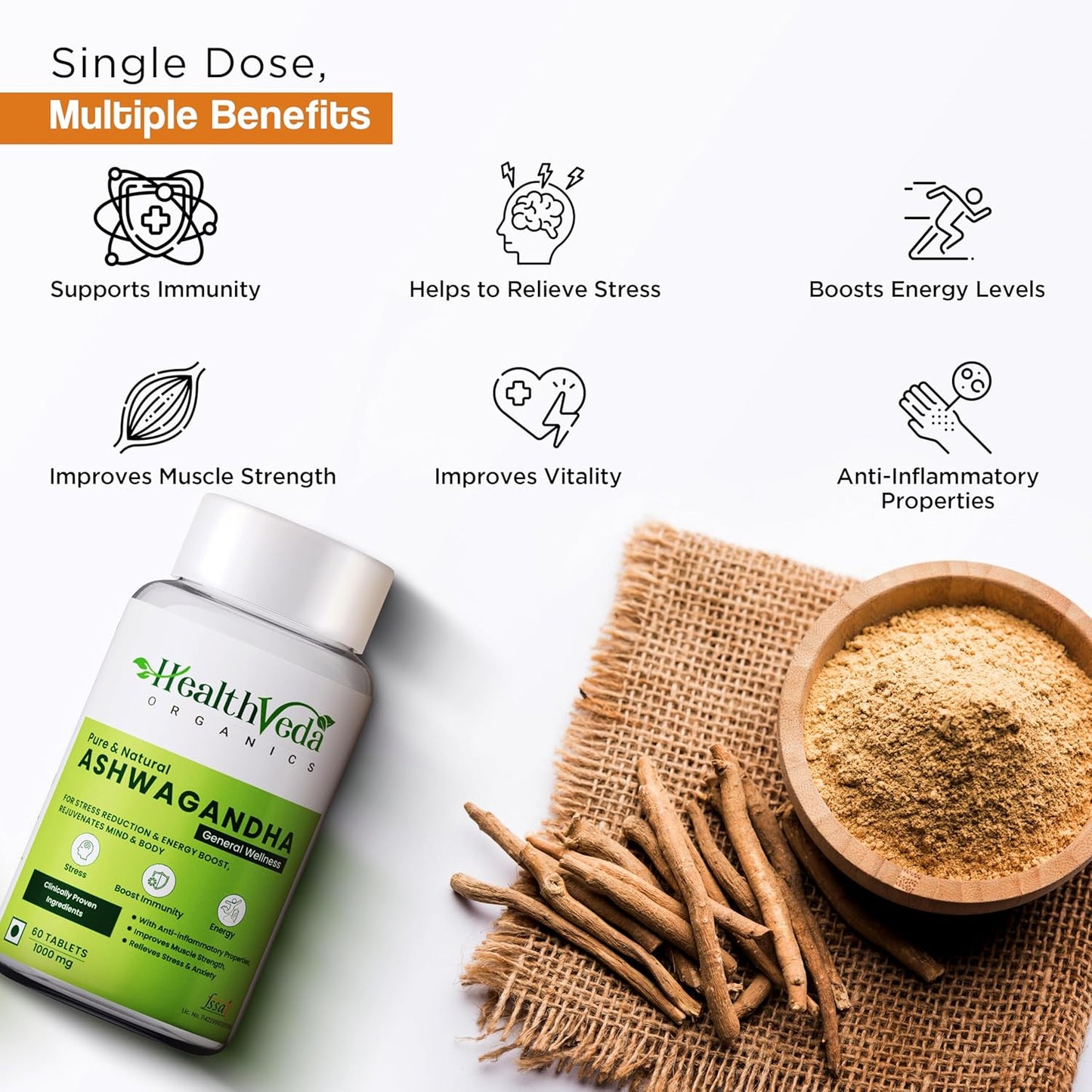 HEALTH VEDA ORGANICS PRIVATE LIMITED Ashwagandha 1000Mg | High Strength Potent Formula | Boosts Immunity & Energy | Rejuvenates Mind & Body | 60 Veg Tablets | For Both Men & Women