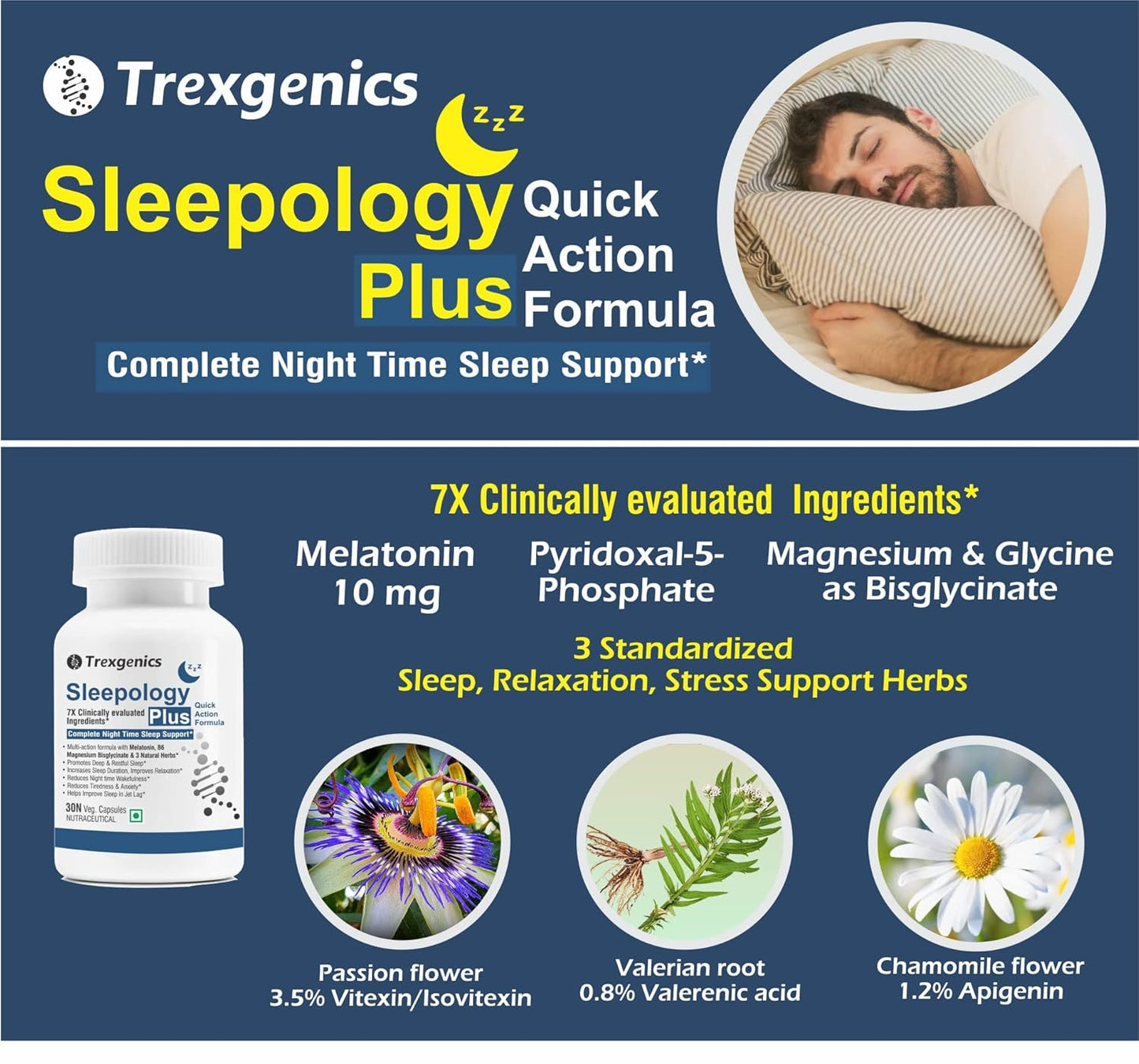 Trexgenics SLEEPOLOGY PLUS Melatonin 10 mg Sleep Support with Magnesium bisglyciante, P5P, Chamomile, Passion flower, Valerian VEGAN & NON-GMO (30 Veg. Capsules) (Pack of 1)
