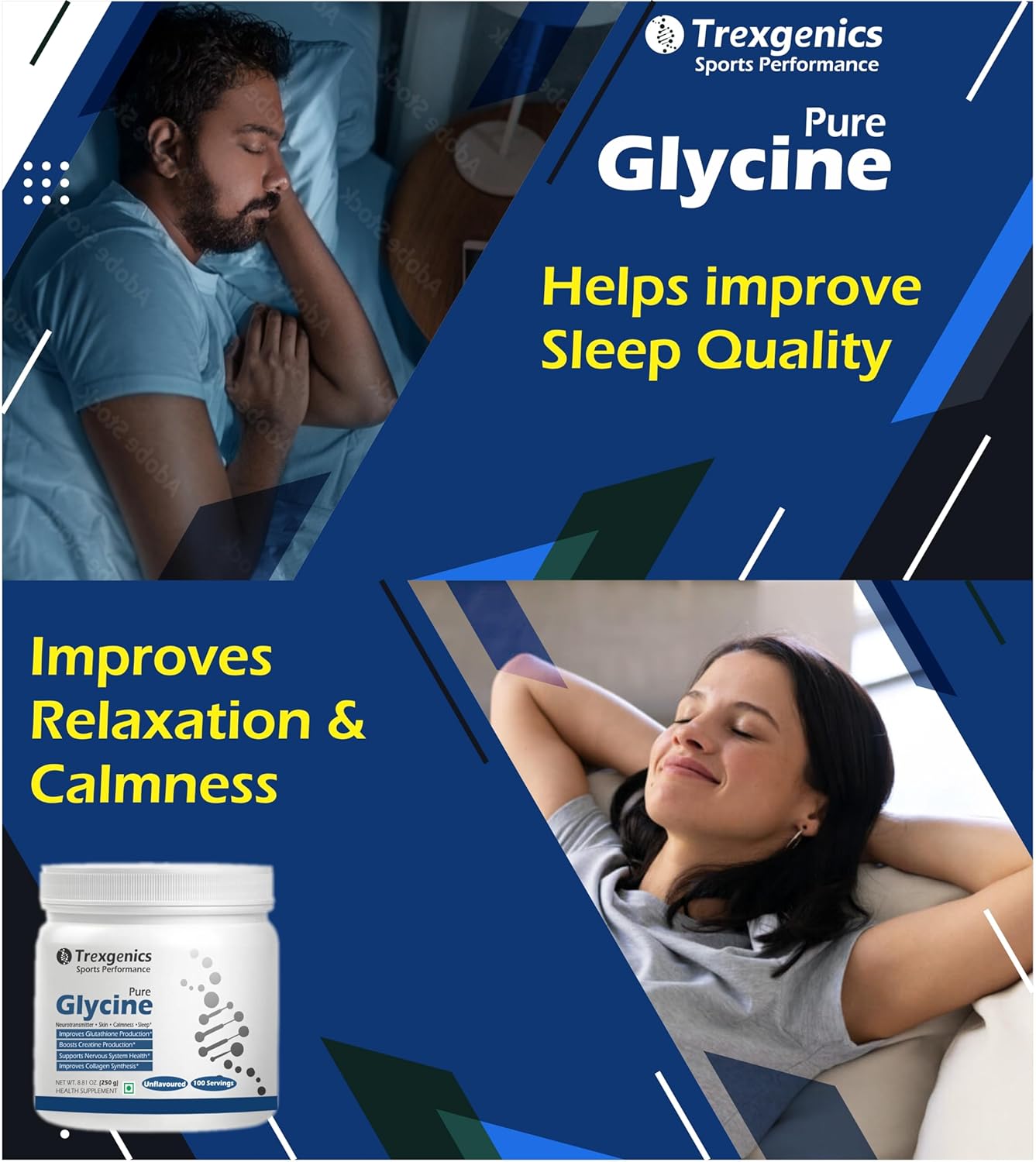 Trexgenics GLYCINE Pure Powder (100 Servings) Neurotransmitter, Skin, Calmness, Sleep, Relaxation Support (250 Gram)