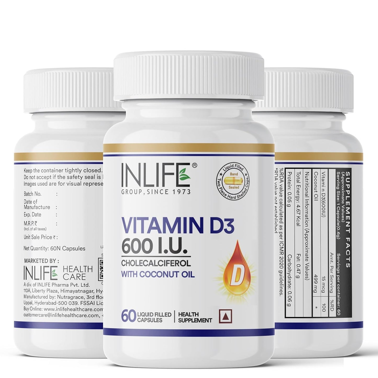 INLIFE Vitamin D3 600 IU Cholecalciferol Supplement with Coconut Oil for Better Absorption, For Men & Women, Immunity, Bone Health, Muscles - 60 Liquid Filled Capsules (Pack of 1)