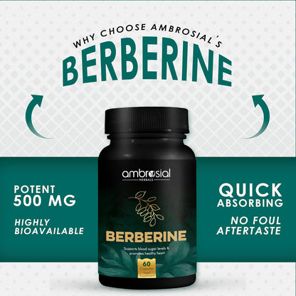 Ambrosial Berberine HCL 500mg EACH capsule |High Strength Berberine Supplements to Manage Diabetes and Blood Sugar Levels | Premium Herbal Diabetes Care Tablets (Pack of 1-60 Capsules)