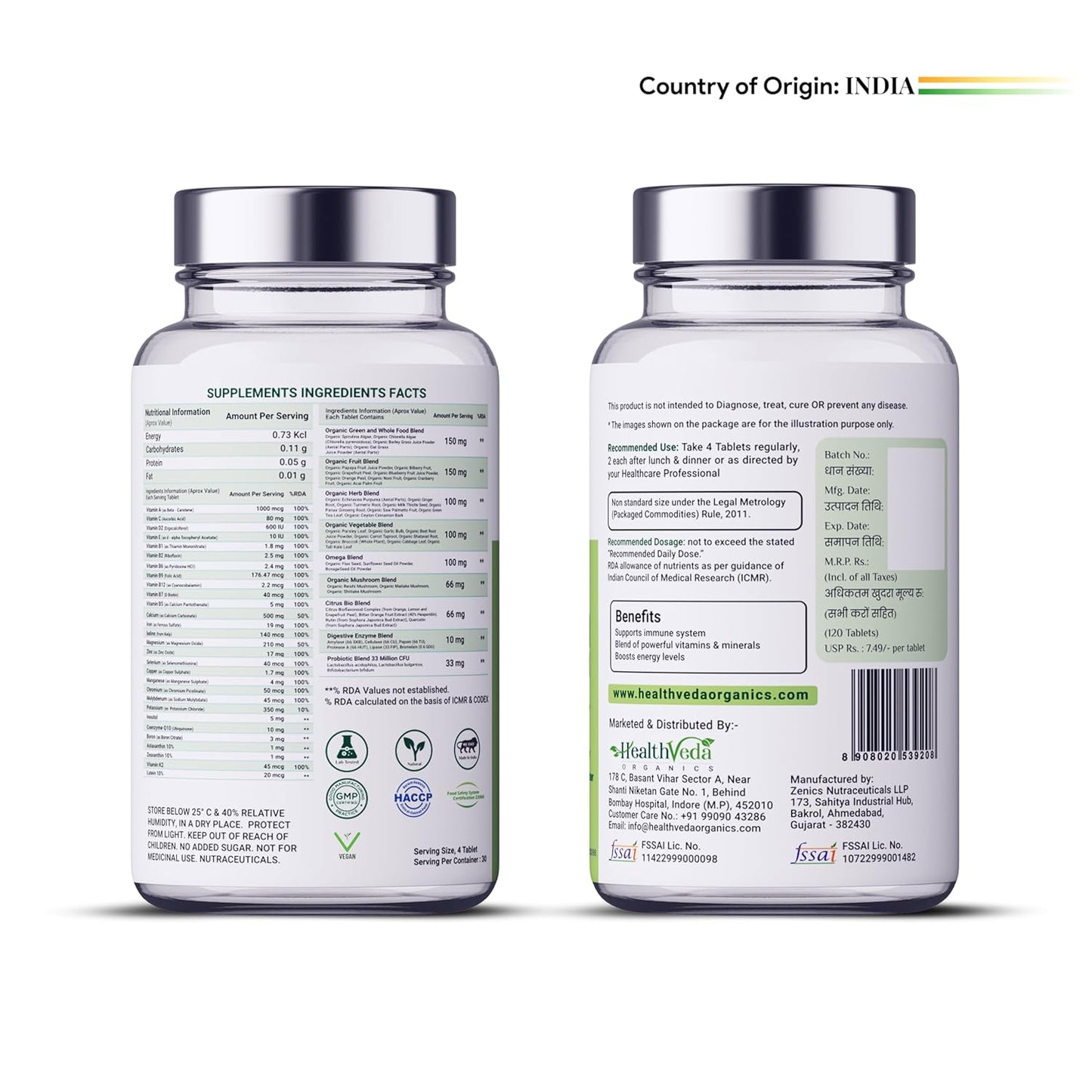 HEALTH VEDA ORGANICS PRIVATE LIMITED Whole Food Multivitamin With Natural Vitamins & Minerals I 120 Veg Tablets I Best For Energy, Brain, Heart & Eye Health I For Both Men & Women