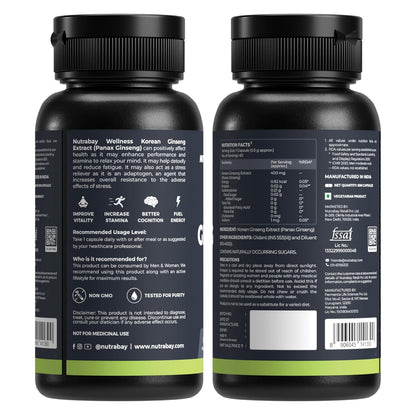 Nutrabay Wellness Korean Ginseng Extract (Panax Ginseng) - Support Vitality, Stamina, Energy, Mental Health & Performance - 400mg, 60 Veg Capsules