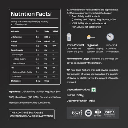 Nutrabay Gold L-Glutamine Supplement Powder 180g, Lemon Flavor â€“ Post Workout Amino Acid for Muscle Growth & Recovery | 100% Authentic Supplement | No Banned Substances | Tested for Purity