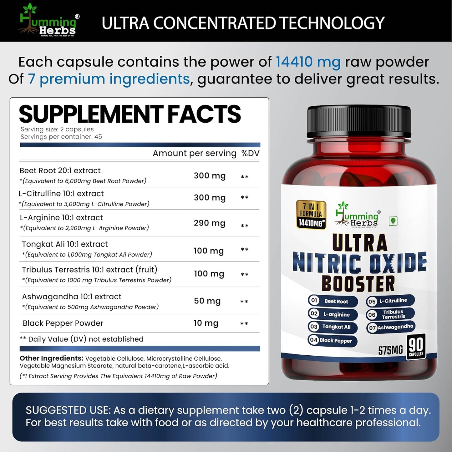 Humming Herbs ULTRA NITRIC BOOSTER - 7in1 | Beet Root, L-Arginine, Tongkat Ali, Black Pepper, L-Citrulline, Tribulus Terrestris & Ashwagandha - Enhance Energy, Performance, and Stamina - 90 Cap