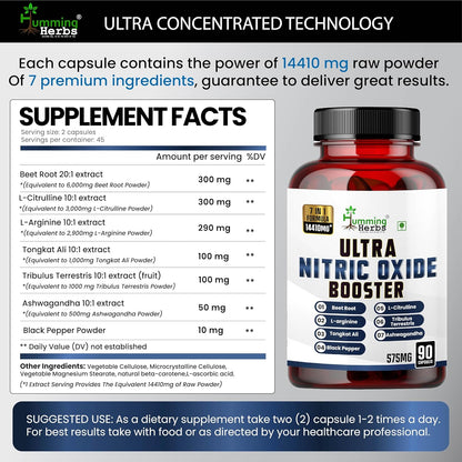 Humming Herbs ULTRA NITRIC BOOSTER - 7in1 | Beet Root, L-Arginine, Tongkat Ali, Black Pepper, L-Citrulline, Tribulus Terrestris & Ashwagandha - Enhance Energy, Performance, and Stamina - 90 Cap