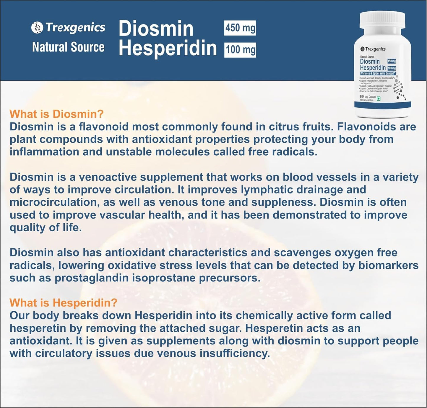 Trexgenics DIOSMIN 450mg, HESPERIDIN 100 mg Natural Source, Varicose, Spider Veins & Restless Leg Syndrome Support (60 Veg Capsules) (Pack of 1)