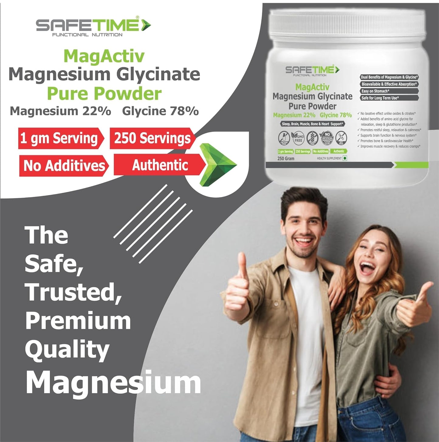 MagActiv MAGNESIUM GLYCINATE PURE POWDER 250 GRAM, 22% Magnesium 78% Glycine, Heart, Sleep, Bone,Metabolism, Migraine, Relaxation, Stress Support (250 gram) (Pack of 1)