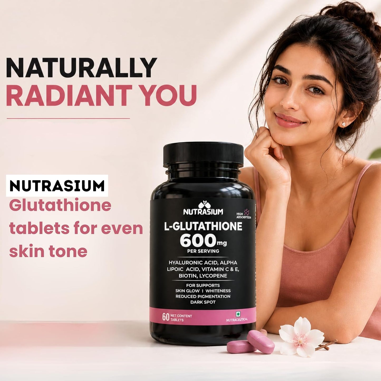 Nutrasium | Glutathione tablets for skin Glow | L-Glutathione 600 mg with Hyaluronic Acid & Biotin | For Skin Glow, Brightening, Hydration, Even skin tone & Skin Radiance | Added Vitamin C & E with Lycopene | 30 Tablets