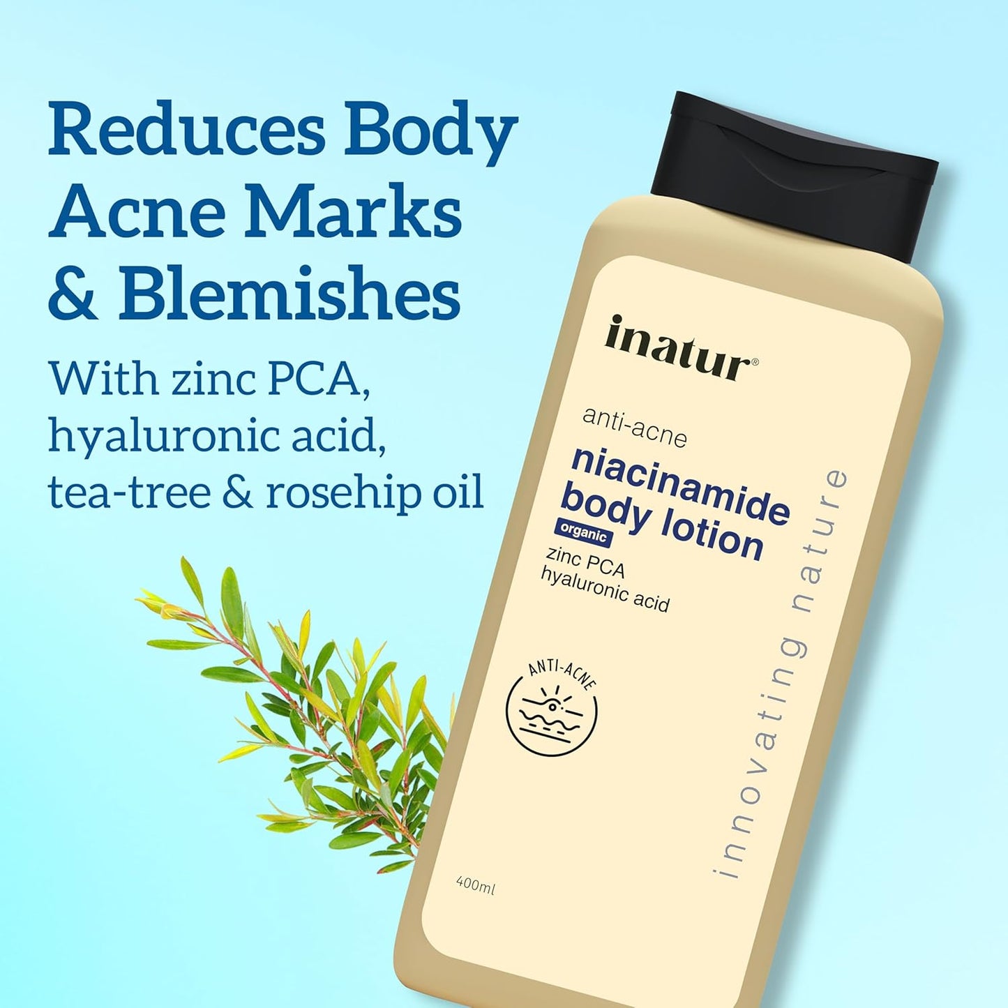 inatur Niacinamide Body Lotion 400ml â€“ Anti-Acne Moisturizer with 2% Salicylic Acid, Zinc PCA & Hyaluronic Acid | Sulphate-Free Formula for Smooth, Hydrated Skin | Deep Nourishment & Oil Control