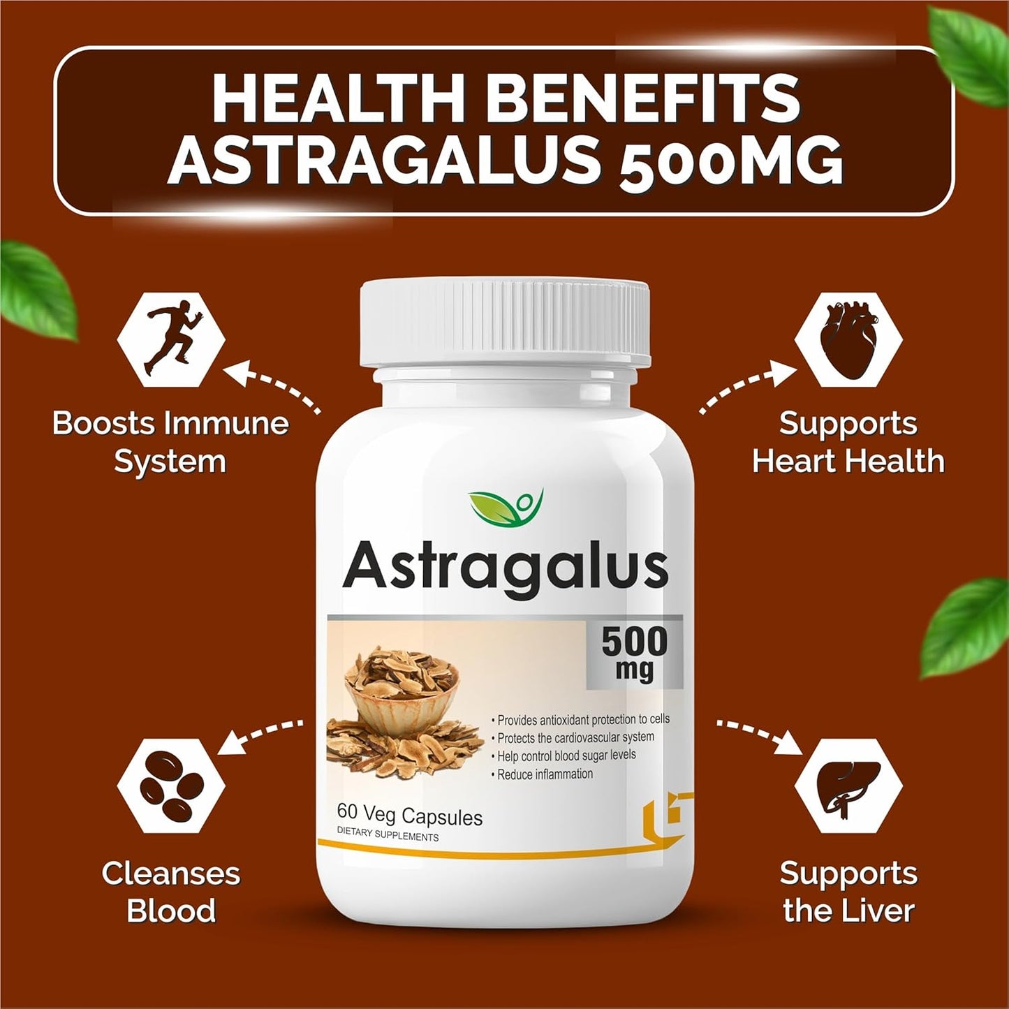 Biotrex Nutraceuticals Astragalus 500mg Supplement | Heart & Kidney Health | Immunity Booster & Adaptogen | Antioxidant | Enhances Strength & Atheletic Performance | 60 Veg Capsules