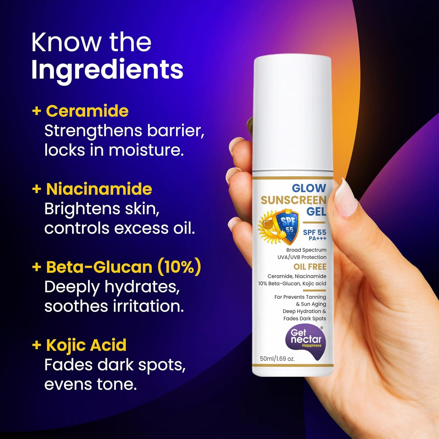 Get Nectar Happiness Glow Sunscreen Gel SPF 55 PA+++ | For Oily, Dry, Acne-prone Skin | Ultra Lightweight Texture I Non-Greasy I No White Cast | Broad Spectrum Protection & Fades Dark Spots 50ml (1)