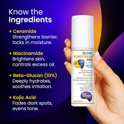 Get Nectar Happiness Glow Sunscreen Gel SPF 55 PA+++ | For Oily, Dry, Acne-prone Skin | Ultra Lightweight Texture I Non-Greasy I No White Cast | Broad Spectrum Protection & Fades Dark Spots 50ml (1)