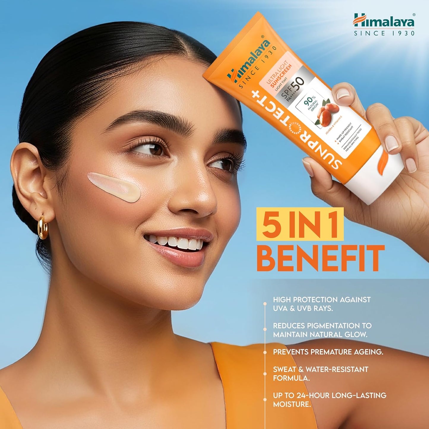Himalaya Sun Protect+ Ultra Light Sunscreen | Light tint Cream| 90% Natural Origin Ingredients | In vivo tested SPF 50 PA++++ | Dermatologically tested for all skin types | No white cast | Make up friendly | Sweat Resistant | 50g