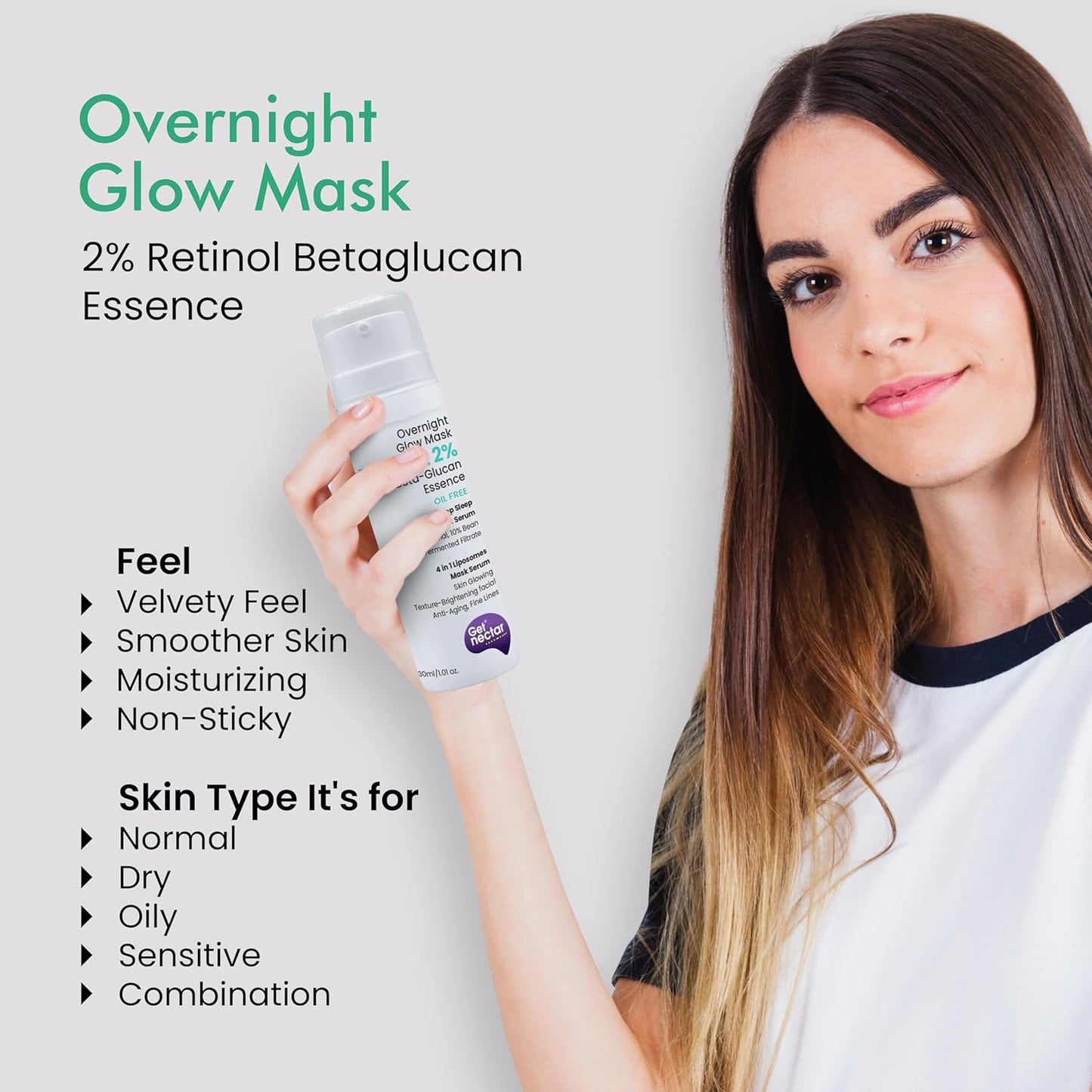 Get Nectar Happiness Overnight Glow Mask Night Serum 2% Retinol (Oil Free) with Beta-glucan & Bean Essence for Anti-Aging, Fine Lines, Wrinkles & Younger-Look (30ml)