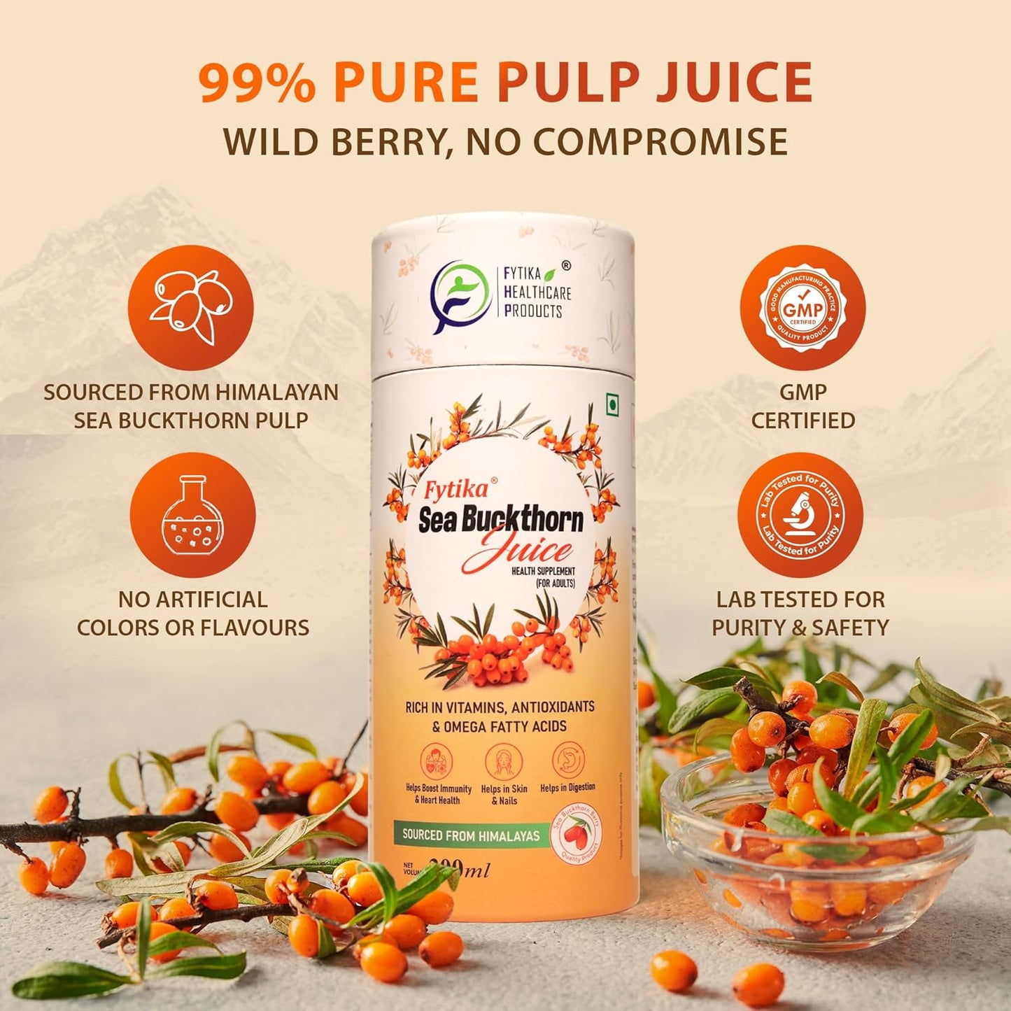 Fytika Sea Buckthorn Juice - 300 ML (PACK OF 1) | Pulp Concentrate Made for Your Total Body Care & Wellness | Rich in Vitamin C, Omega 3, 6, 7, 9 & Antioxidants | For Men & Women