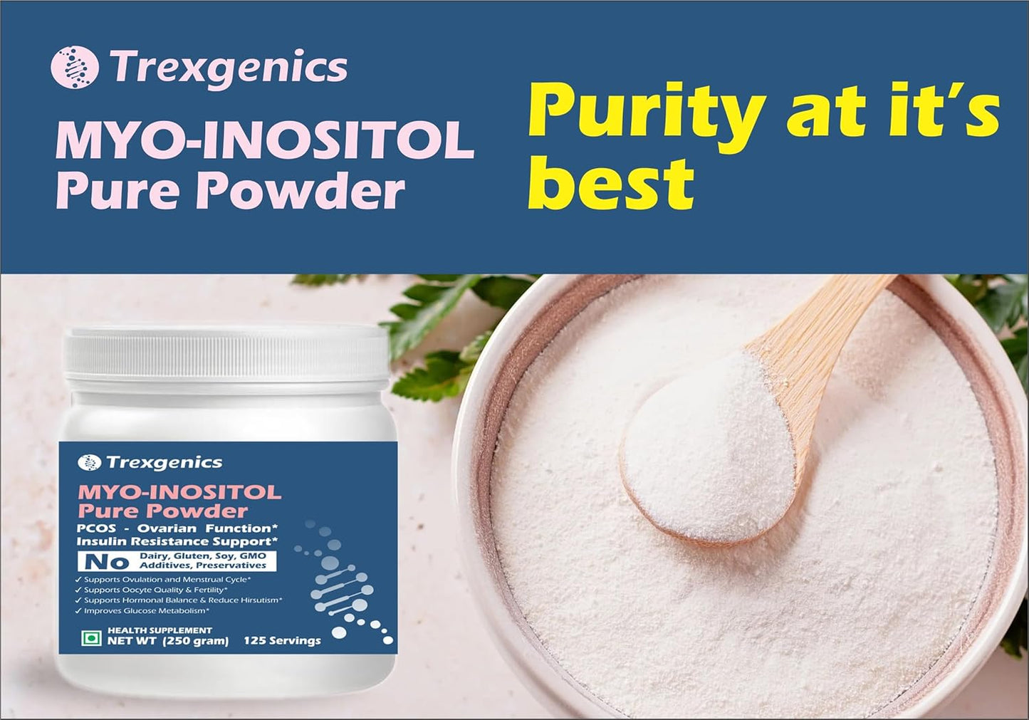Trexgenics MYO-INOSITOL PURE POWDER, PCOS, Ovarian Function, Insulin Resistance, Hormonal Balance, Menstrual Cycle, Metabolism 125 servings (250 gram) (Pack of 1)