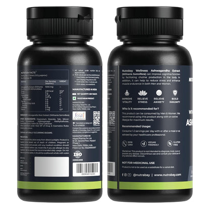 Nutrabay Wellness Ashwagandha Extract Tablet (Withania Somnifera), Enhances Energy, Stamina, Immunity | Anxiety & Stress Relief, 1000mg - 60 Veg Tablets