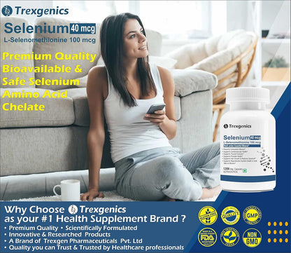 Trexgenics SELENIUM 40 mcg from L-Selenomethionine Pharmaceutical USP grade Chelated Multi-Action Antioxidant for Thyroid, Cardiovascular, Prostate, Hair Growth Support (120 Veg. Capsules)