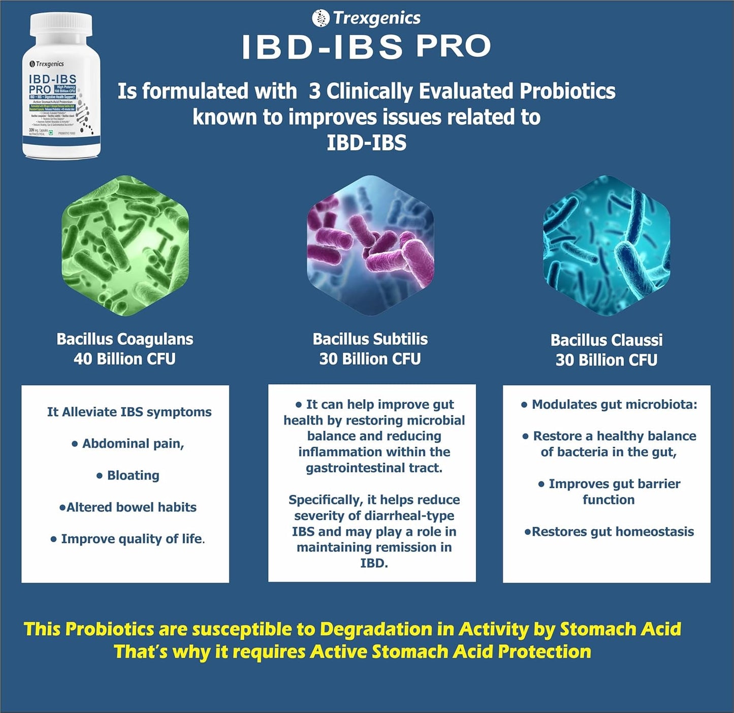 Trexgenics IBD-IBS PRO Digestive Health Delayed Release Gastric Protection Probiotics Bacillus coagulans, subtilis & clausii 100 Billion CFU (30 Veg Capsules)