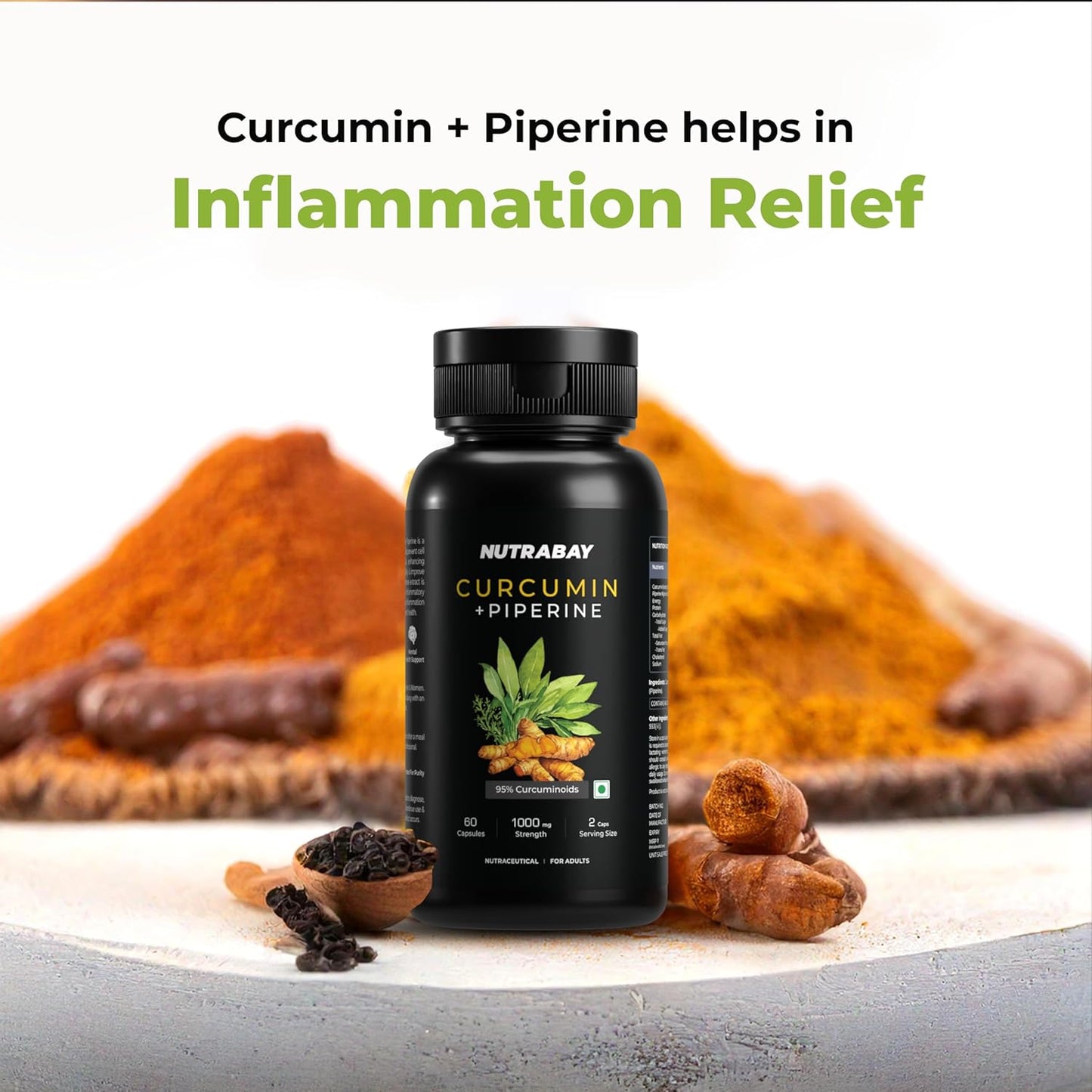 Nutrabay Wellness Curcumin with Piperine with 95% Curcuminoids - Natural Immune Support, Antioxidant, Advanced Absorption & Anti Inflammatory Joint Pain Support - 1000mg, 60 Veg Capsules