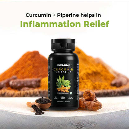 Nutrabay Wellness Curcumin with Piperine with 95% Curcuminoids - Natural Immune Support, Antioxidant, Advanced Absorption & Anti Inflammatory Joint Pain Support - 1000mg, 60 Veg Capsules