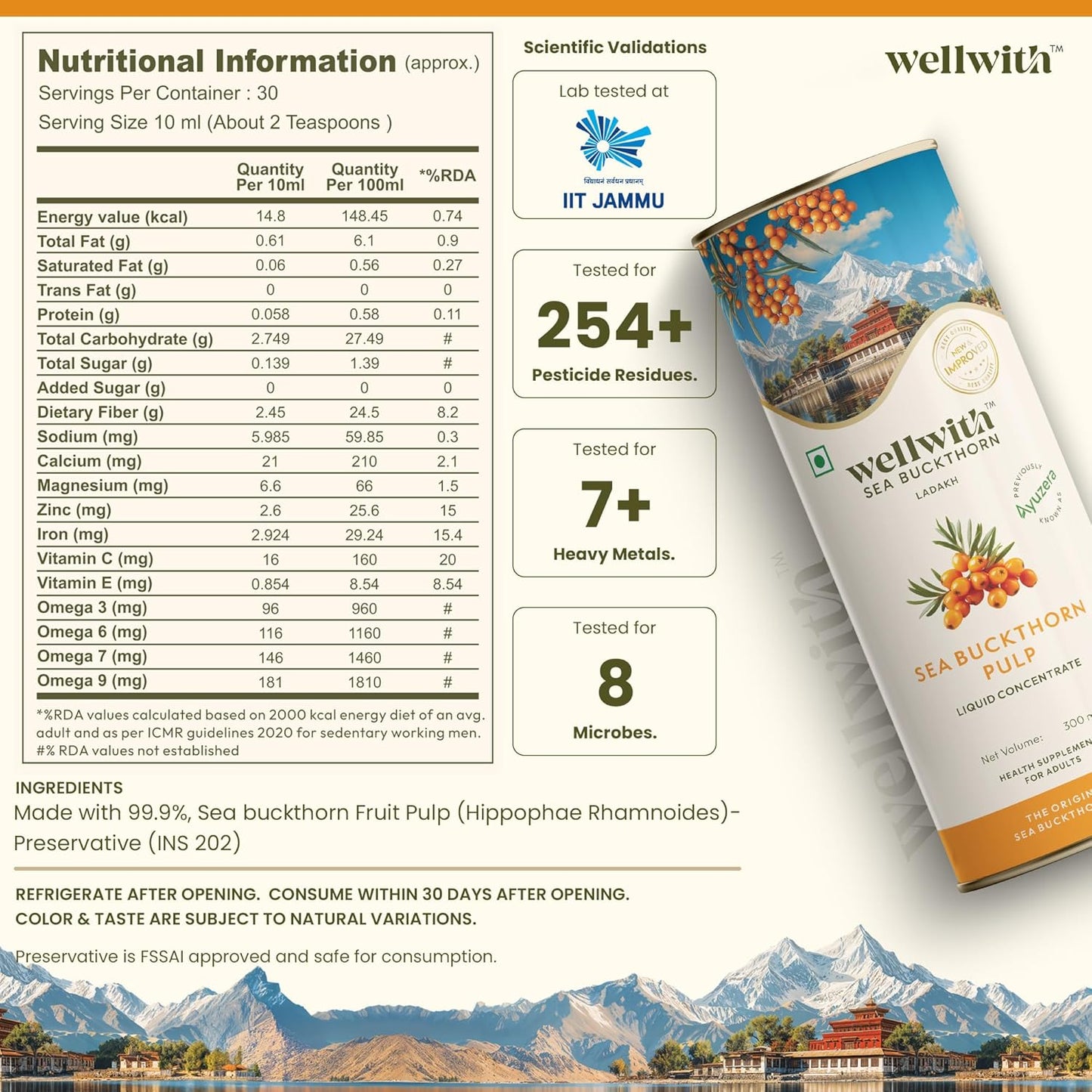 Wellwith by Ayuzera Natural Himalayan Sea Buckthorn Pulp 300ml | Cold Pressed Nutrient Rich Juice | Loaded with Vitamin C, Omega 3 6 7 9 & Antioxidants | For Skin, Immunity & Digestive Health