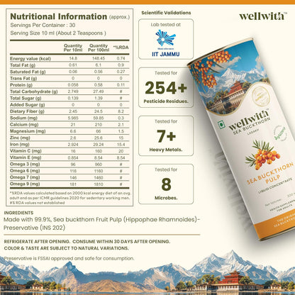 Wellwith by Ayuzera Natural Himalayan Sea Buckthorn Pulp 300ml | Cold Pressed Nutrient Rich Juice | Loaded with Vitamin C, Omega 3 6 7 9 & Antioxidants | For Skin, Immunity & Digestive Health