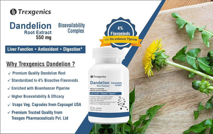 Trexgenics DANDELION (Bioactive 4% Flavonoids) 550mg EXTRACT Liver Function, Dextox, Antioxidant, Digestion (60 Veg Capsules)